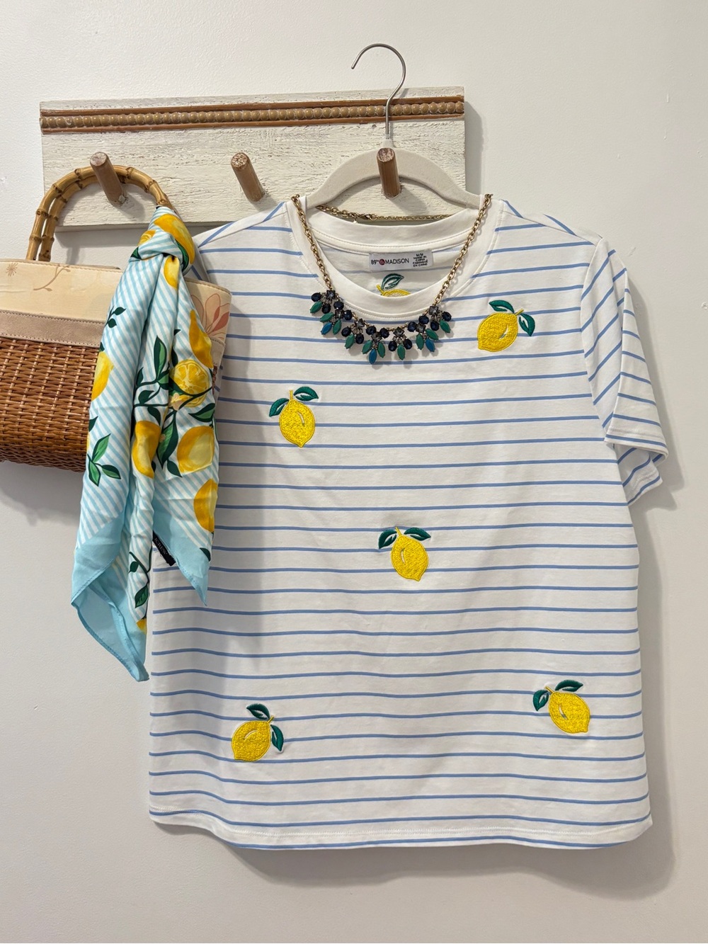 NWOT 89th & Madison White & Blue Striped Tee with Lemon 🍋Embroidery